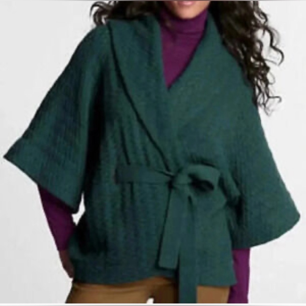 Lands End Sweater Jacket Quilted Lambs Wool Blend Women L-XL Green Belted Cozy